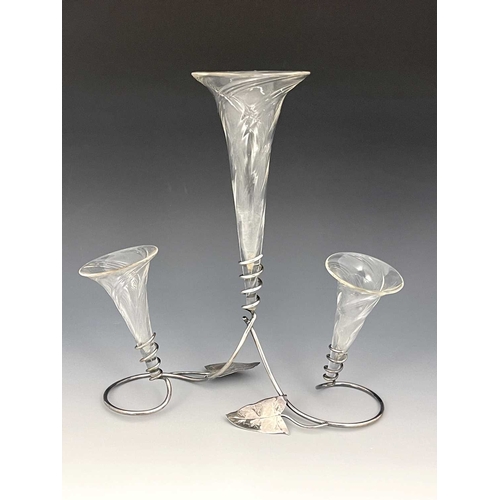 93 - An Arts and Crafts silver plated and glass epergne, the wire stand in the form of an ivy vine with c... 