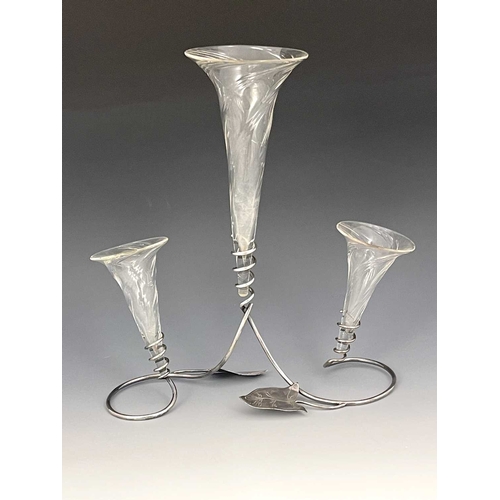 93 - An Arts and Crafts silver plated and glass epergne, the wire stand in the form of an ivy vine with c... 