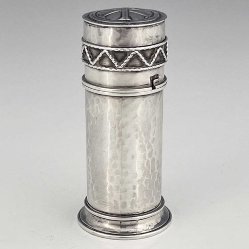 95 - An Arts and Crafts silver oil stock and pyx, Greenwood and Watts, London 1917, planished cylindrical... 