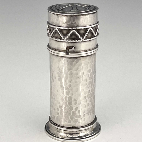 95 - An Arts and Crafts silver oil stock and pyx, Greenwood and Watts, London 1917, planished cylindrical... 