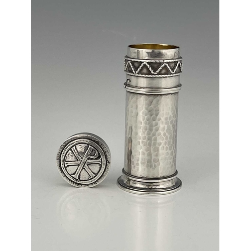 95 - An Arts and Crafts silver oil stock and pyx, Greenwood and Watts, London 1917, planished cylindrical... 