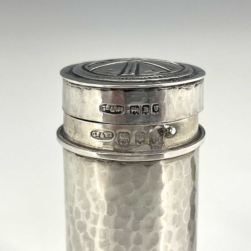 95 - An Arts and Crafts silver oil stock and pyx, Greenwood and Watts, London 1917, planished cylindrical... 