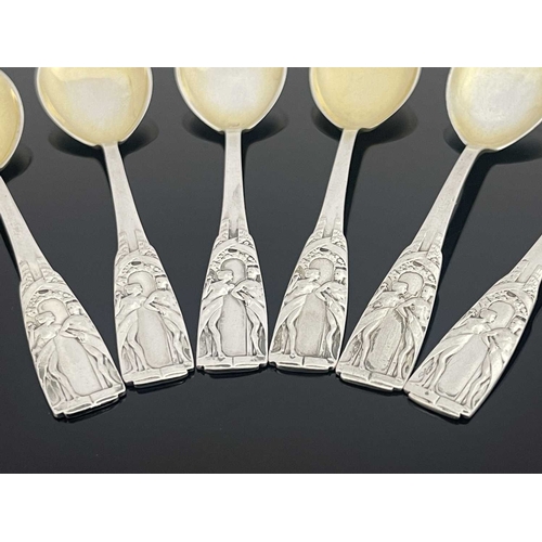 97 - Adolph Amberg for Bruckmann & Sohne, a set of six Jugendstil silver and parcel gilt ice cream spoons... 