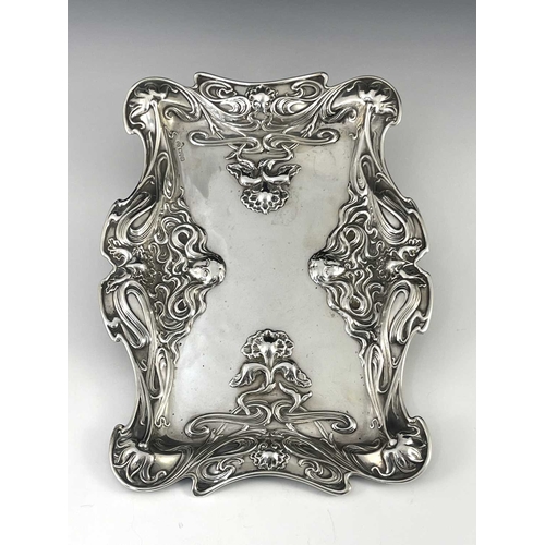 98 - An Arts and Crafts silver tray, William Aitken, Chester 1901, ogee rimmed rectangular form, embossed... 