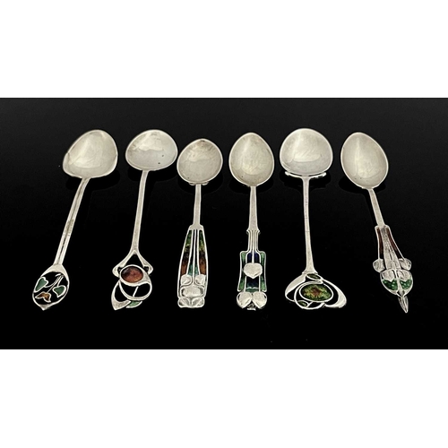 107 - Archibald Knox for Liberty and Co., a harlequin set of six Cymric Arts and Crafts silver and enamell... 