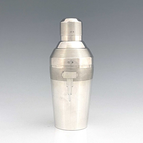 125 - An Art Deco silver cocktail shaker, Elkington and Co., Birmingham 1936, conical form with stepped sh... 