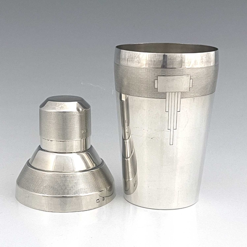 125 - An Art Deco silver cocktail shaker, Elkington and Co., Birmingham 1936, conical form with stepped sh... 