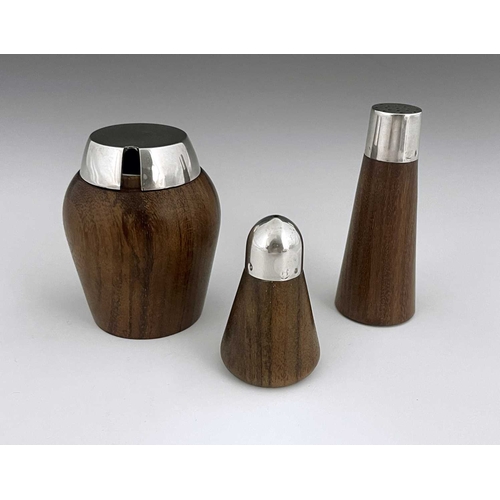 130 - A Spanish Modernist silver and walnut three piece cruet, circa 1960s, including mustard pot, salt sh... 