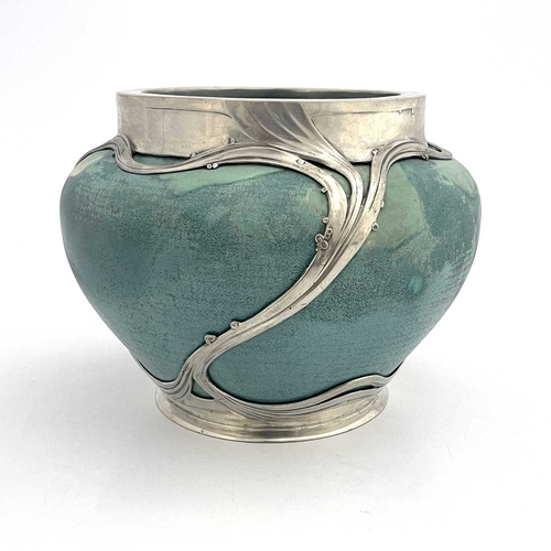 139A - Orivit, a Jugendstil pewter mounted ceramic jardiniere, circa 1900, shouldered form, turquoise souff... 