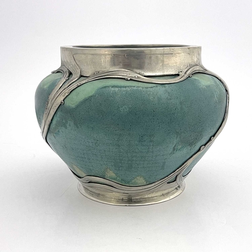 139A - Orivit, a Jugendstil pewter mounted ceramic jardiniere, circa 1900, shouldered form, turquoise souff... 