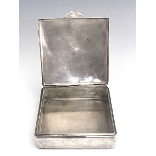 145 - An Art Nouveau silver plated box, in the style of WMF, square section, the hinged lid cast in relief... 