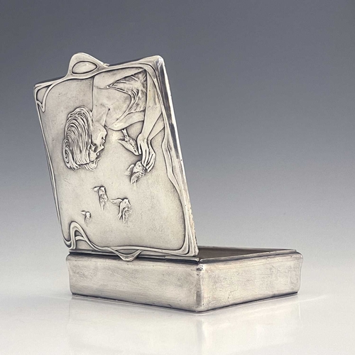 145 - An Art Nouveau silver plated box, in the style of WMF, square section, the hinged lid cast in relief... 