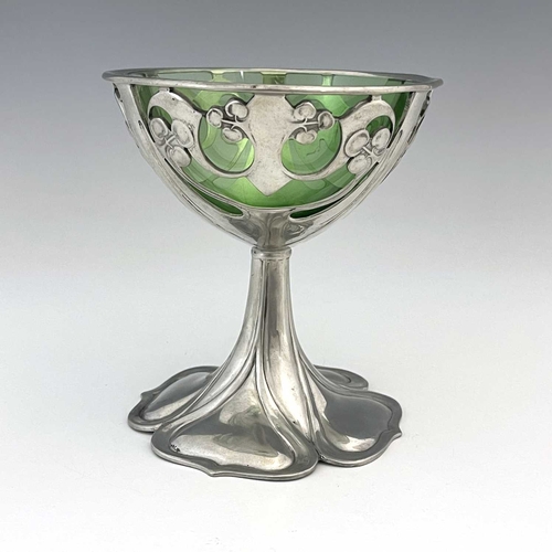 152 - Archibald Knox for Liberty and Co., a Tudric Arts and Crafts pewter and green glass pedestal bowl, m... 