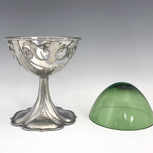 152 - Archibald Knox for Liberty and Co., a Tudric Arts and Crafts pewter and green glass pedestal bowl, m... 