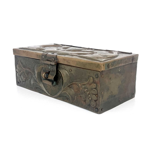 159 - John Pearson, an Arts and Crafts repousse copper box, 1907, cuboid form, the lid embossed with galle... 