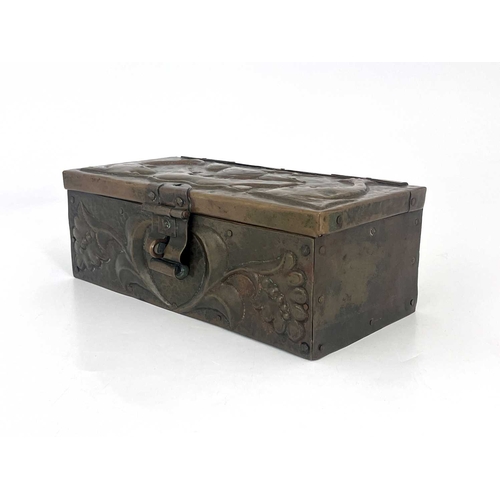 159 - John Pearson, an Arts and Crafts repousse copper box, 1907, cuboid form, the lid embossed with galle... 