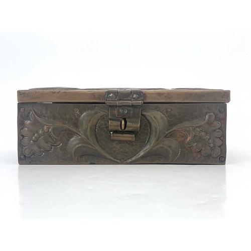 159 - John Pearson, an Arts and Crafts repousse copper box, 1907, cuboid form, the lid embossed with galle... 