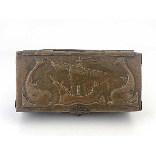 159 - John Pearson, an Arts and Crafts repousse copper box, 1907, cuboid form, the lid embossed with galle... 