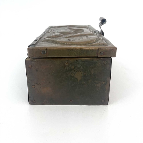 159 - John Pearson, an Arts and Crafts repousse copper box, 1907, cuboid form, the lid embossed with galle... 