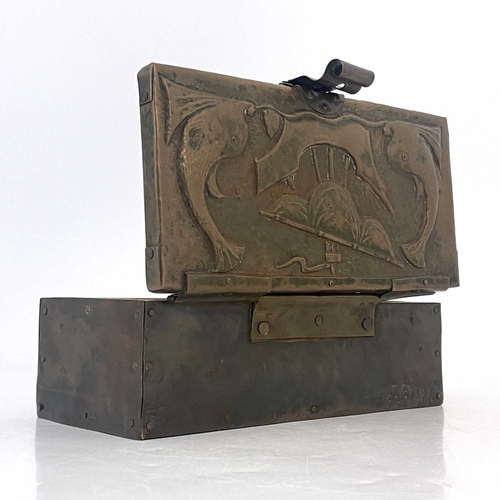 159 - John Pearson, an Arts and Crafts repousse copper box, 1907, cuboid form, the lid embossed with galle... 