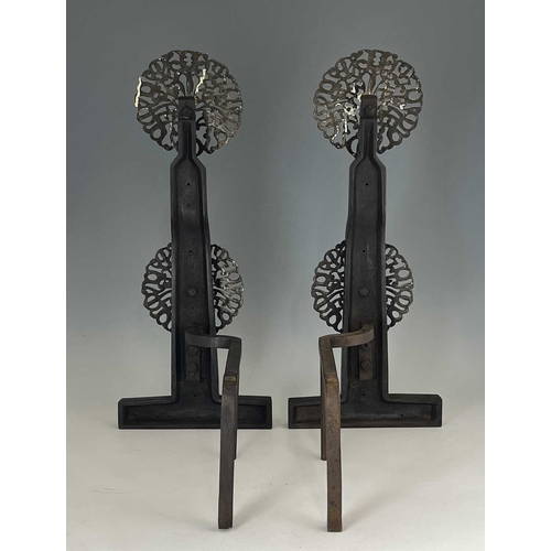 162 - Manner of Ernest Gimson, a pair of Arts & Crafts brass and iron fire dogs, of 17th Century design, d... 