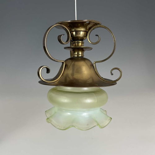 169 - An Arts and Crafts brass and opalescent glass ceiling light, in the style of A S Dixon for the Birmi... 