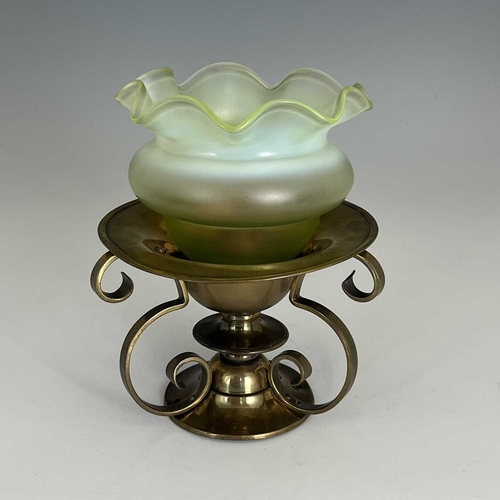 169 - An Arts and Crafts brass and opalescent glass ceiling light, in the style of A S Dixon for the Birmi... 