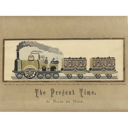 187 - A pair of Thomas Stevens woven silk pictures, 'The Good Old Days' and 'The Present Time - 60 Miles a... 