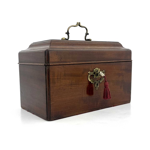 189 - A George II mahogany tea caddy, circa 1740, 'C' scroll brass swing handle, moulded caddy top, fretwo... 