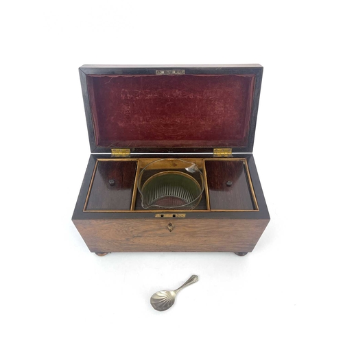 192 - A Regency rosewood tea caddy, circa 1820, of sarcophagus form, fitted interiors with twin lidded com... 