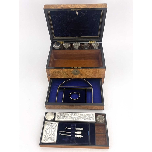 196 - A Victorian burr walnut dressing case, domed top with inset vacant brass cartouche and escutcheon, f... 