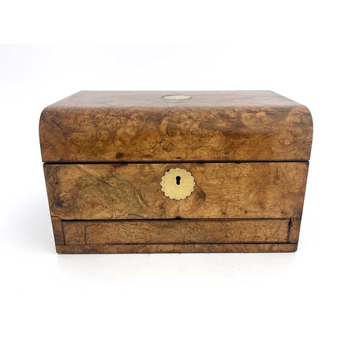 196 - A Victorian burr walnut dressing case, domed top with inset vacant brass cartouche and escutcheon, f... 