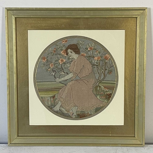 199 - An Arts & Crafts design circular silk embroidery, in coloured and gold thread, portrait of a classic... 