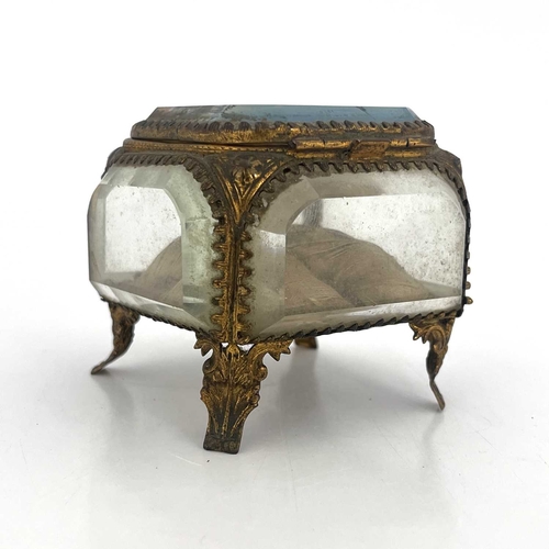 201 - A French Palais Royal glass and gilt mounted jewel casket, reverse printed with Exposition Maritime ... 