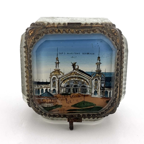 201 - A French Palais Royal glass and gilt mounted jewel casket, reverse printed with Exposition Maritime ... 