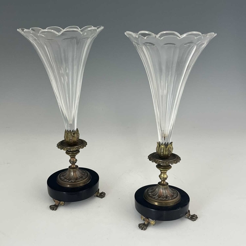 205 - A pair of French and Bohemian tricolour gilt metal, marble and glass vases, circa 1860, the slice cu... 