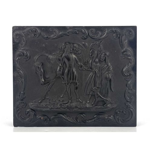 213 - A Union thermoplastic ambrotype case by Samuel Peck & Co, circa 1858, moulded cover scene of Sir Rog... 