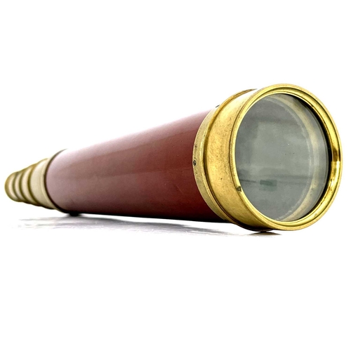 222 - A 19th century four draw brass telescope, Dolland, London, red lacquered wood barrel with gilt brass... 