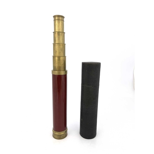 222 - A 19th century four draw brass telescope, Dolland, London, red lacquered wood barrel with gilt brass... 