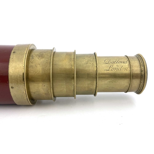 222 - A 19th century four draw brass telescope, Dolland, London, red lacquered wood barrel with gilt brass... 