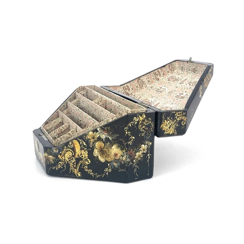 227 - A mid-Victorian papier mache stationery casket, circa 1860, of tapered fall-front form with florally... 