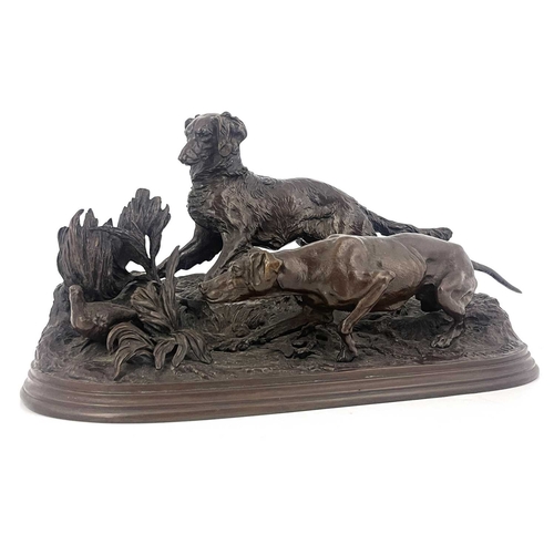 238 - Pierre-Jules Mene (French, 1810-1871), 'Chasse a La Perdrix' - hunting hounds, signed, bronze, oval ... 