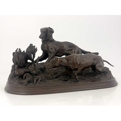 238 - Pierre-Jules Mene (French, 1810-1871), 'Chasse a La Perdrix' - hunting hounds, signed, bronze, oval ... 