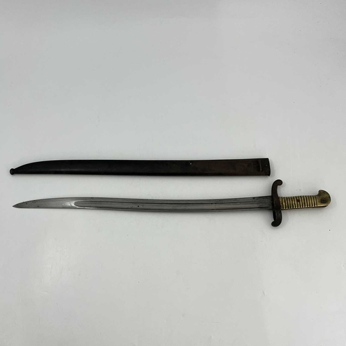 258 - A French M1874 Gras sword bayonet, two piece wooden grip, housed in steel scabbard, foundry marks to... 