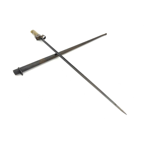 261 - A French M1886 Lebel modified sword bayonet, cruciform blade, brass grip, quillon removed, housed in... 