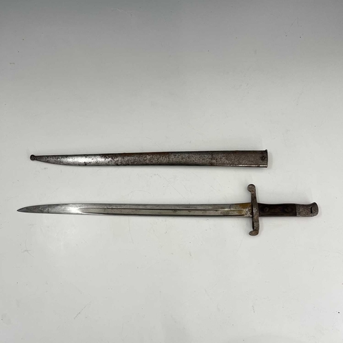 263 - Two bayonets, Portuguese M1885 Kropatshek sword bayonet, two piece wooden grip housed in steel scabb... 