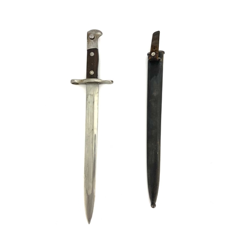 266 - Two Swiss bayonets, a Swiss M1889 bayonet, two piece wooden grip, housed in blackened steel scabbard... 