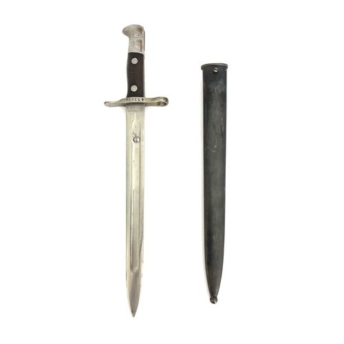 266 - Two Swiss bayonets, a Swiss M1889 bayonet, two piece wooden grip, housed in blackened steel scabbard... 