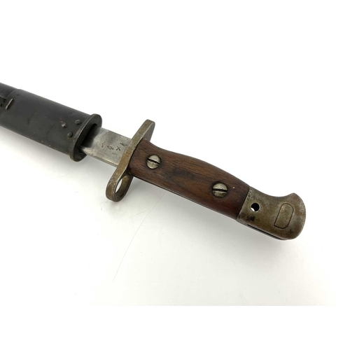 278 - A First World War British 1907 pattern SMLE bayonet by Wilkinson, two piece wooden grip, housed in l... 