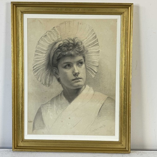 333 - British School, late 19th Century, portrait of a lady, bust-length wearing a pleated headdress, indi... 